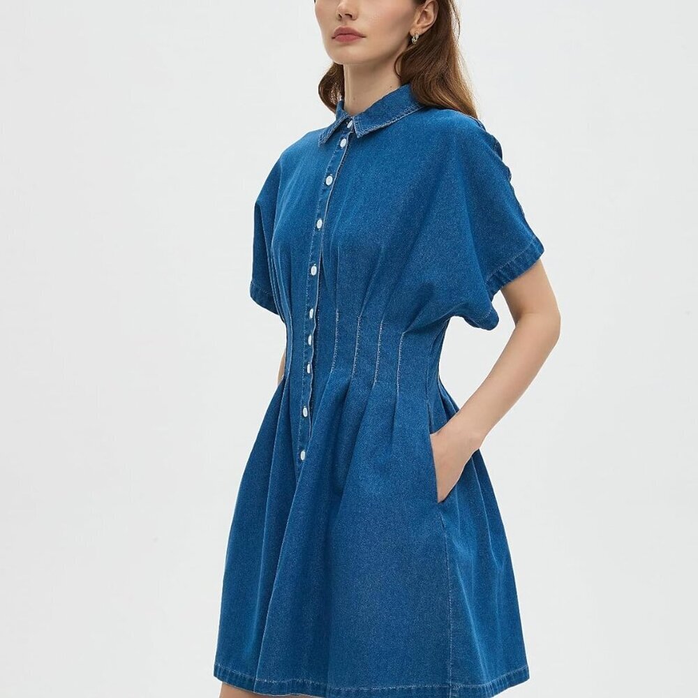 Women's Denim Dress V-Neck Slim Fit Mini A-Line Casual Summer - Picture 6 of 6